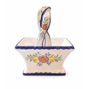 Hand Painted Portuguese Ceramic Basket Blue & White Floral